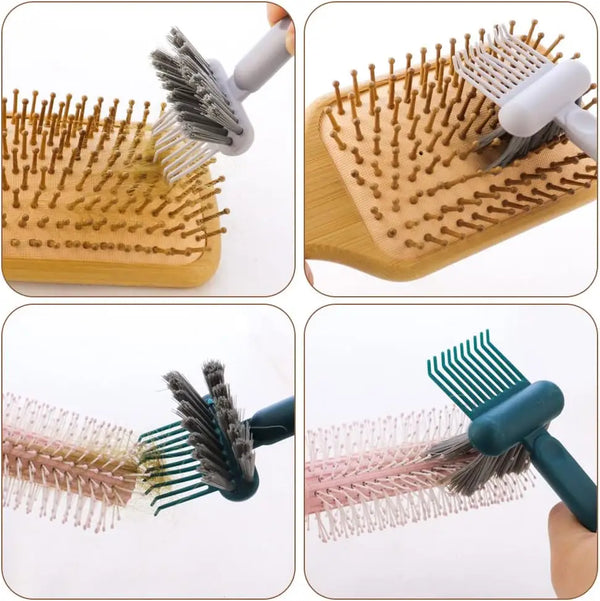A set of two hair brushes, one gray and one teal, are shown being used on a wooden brush comb.
