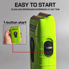 A bright lime green electric shaver with a black button is shown, emphasizing its easy one-button start feature.