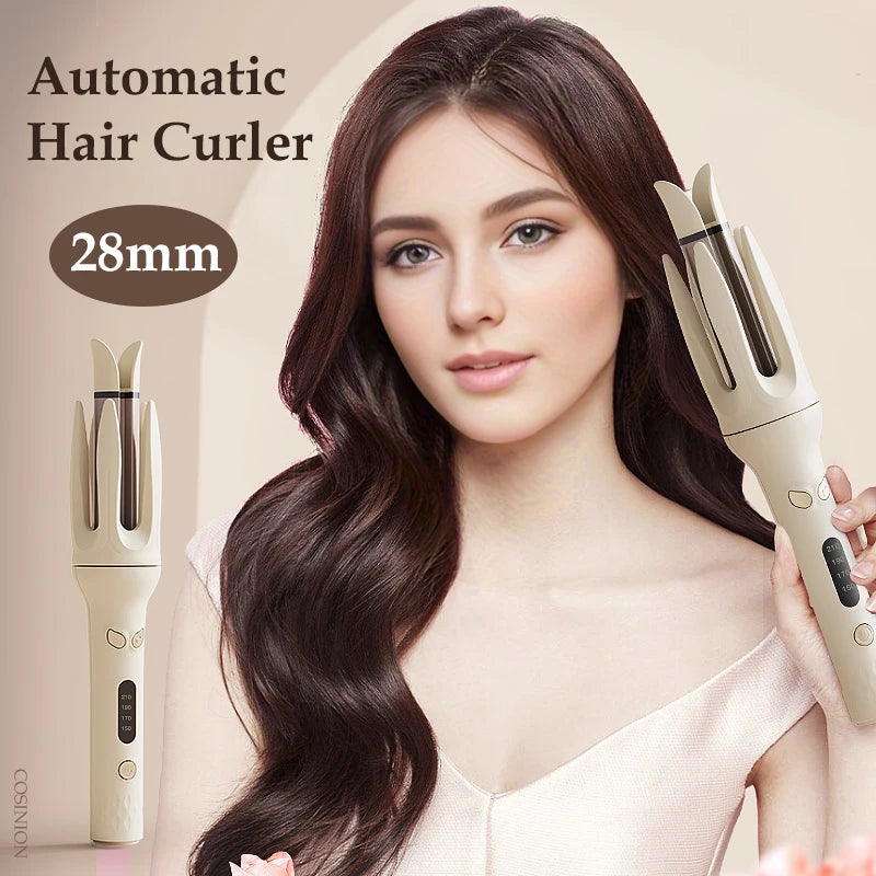 A woman models an automatic hair curler in beige, demonstrating its use on long, dark brown hair.