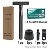 A set of ten stainless steel razor blades and a handle for a safety razor kit.