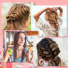A collage showing various braided hairstyles on a woman's hair, demonstrating the use of a complete hair styling tool kit.