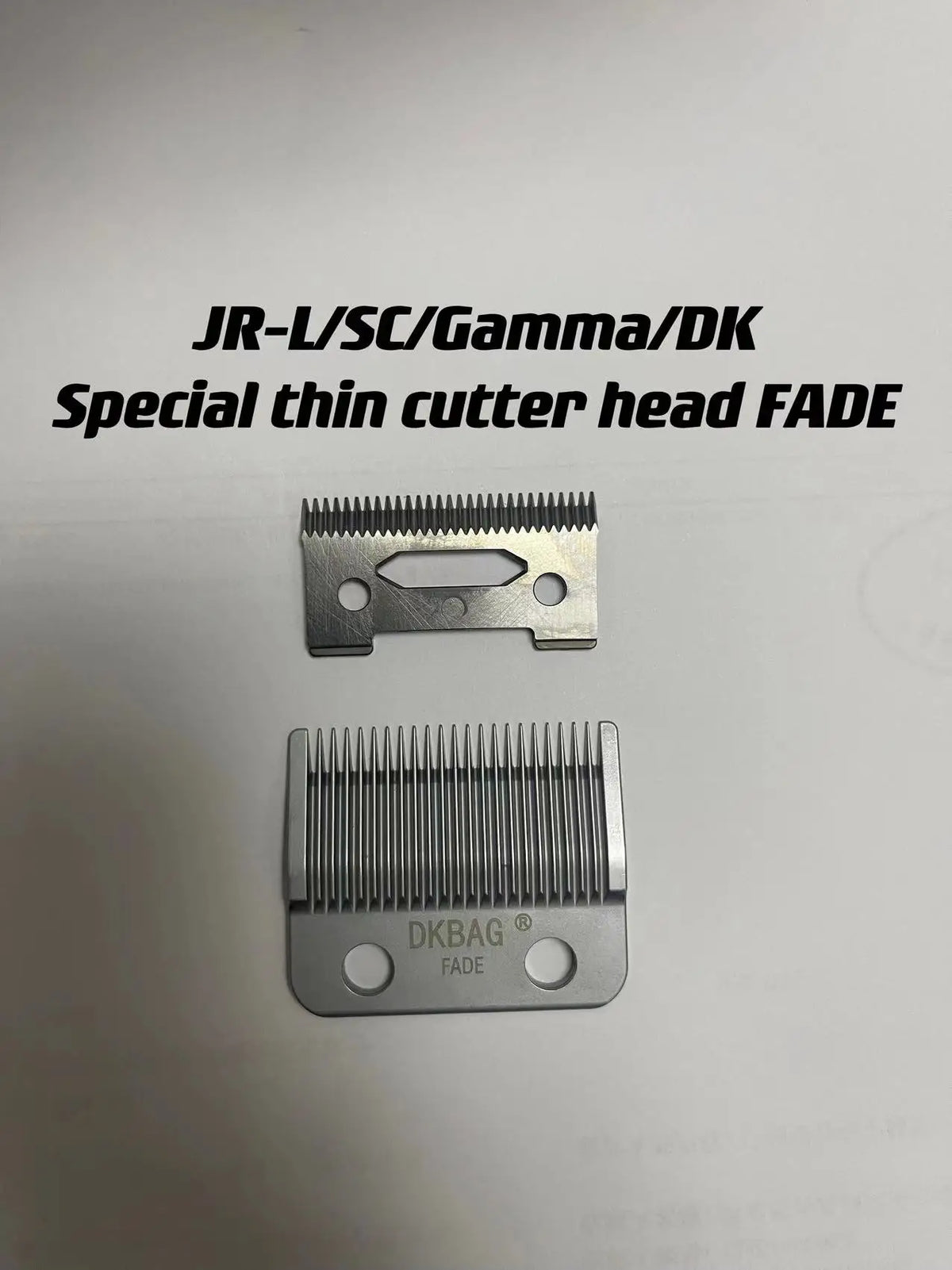 A close-up view of a JK-L/SC Gamma/DK special thin cutter head fade attachment for an electric hair trimmer.