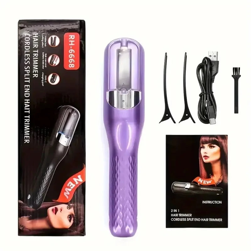 A purple cordless split end hair trimmer with a black body and charging cable shown next to the product box.