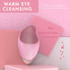 A pink USB rechargeable facial cleansing brush is shown next to branding text for warm eye cleansing.