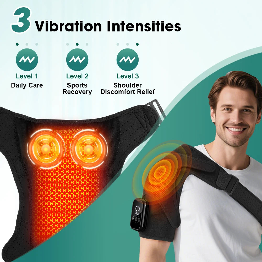 A person is using an electric shoulder heating and vibration massager on their shoulder.