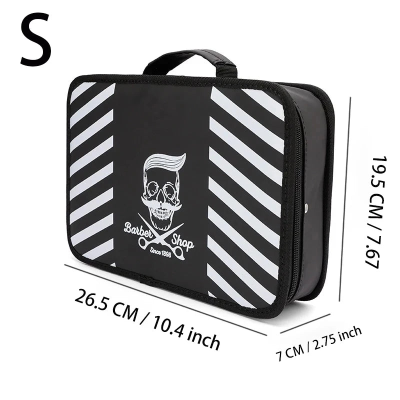 Black and white striped professional barber tool storage bag with a handle