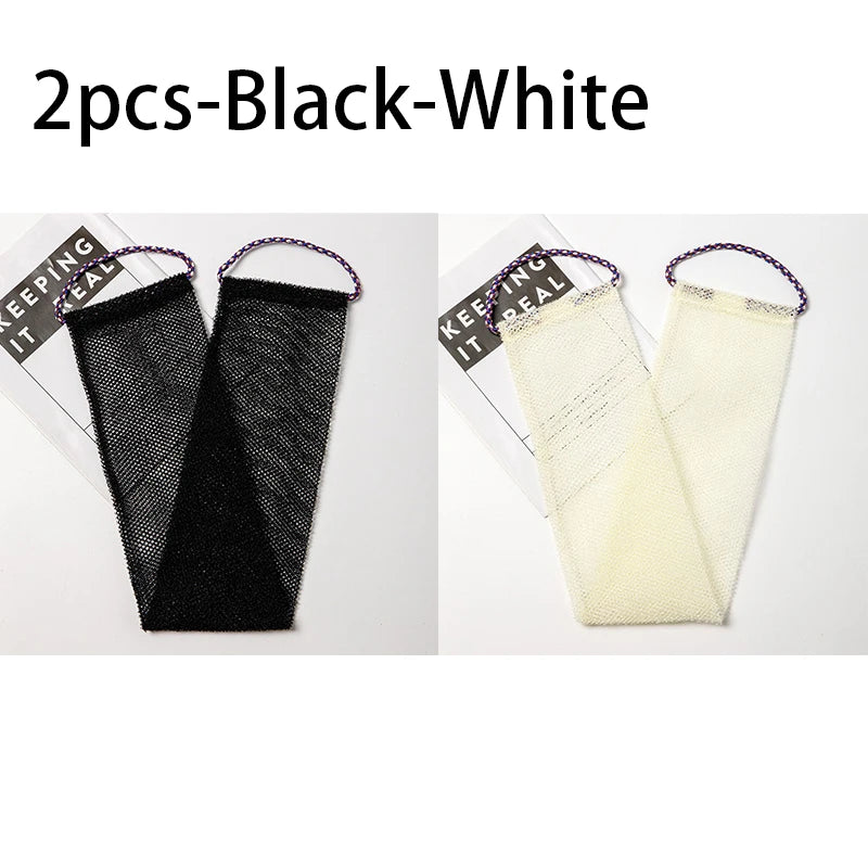 Two exfoliating African net body scrub sponges in black and white are shown side by side.
