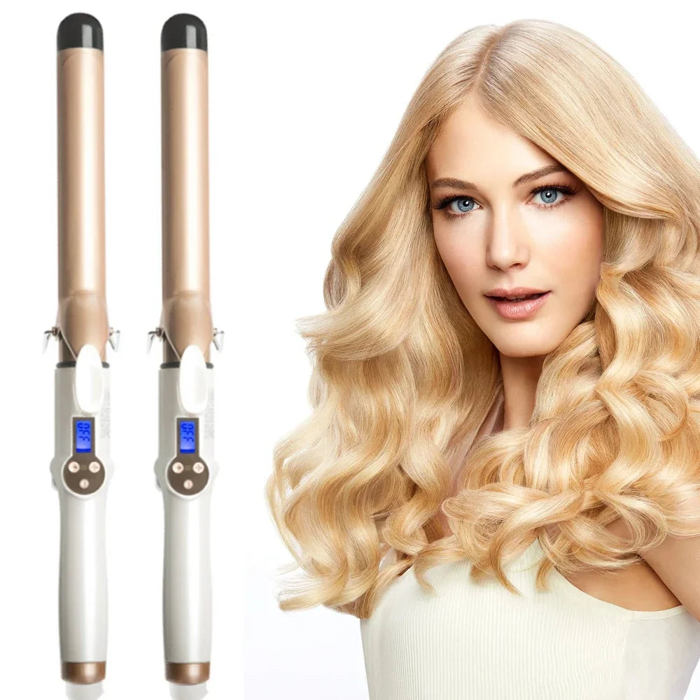 A woman models a professional electric hair curler with gold and silver components.