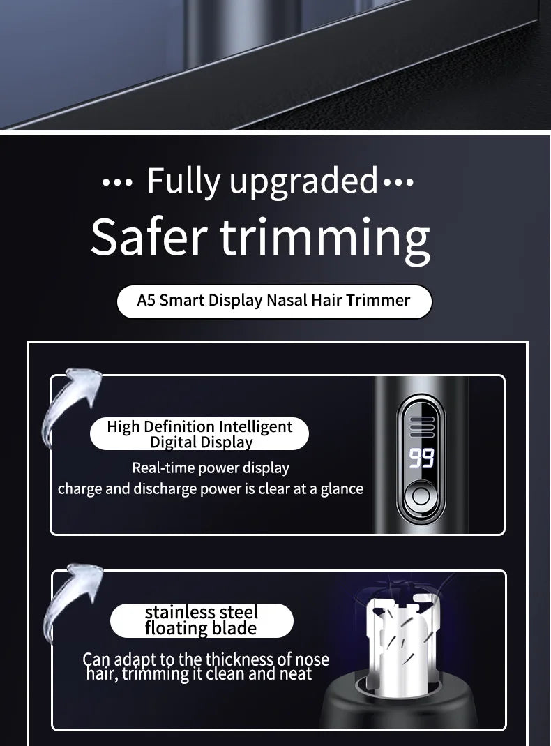 A close-up view of an A5 Smart Display Nasal Hair Trimmer showing features like a digital display and a stainless steel float
