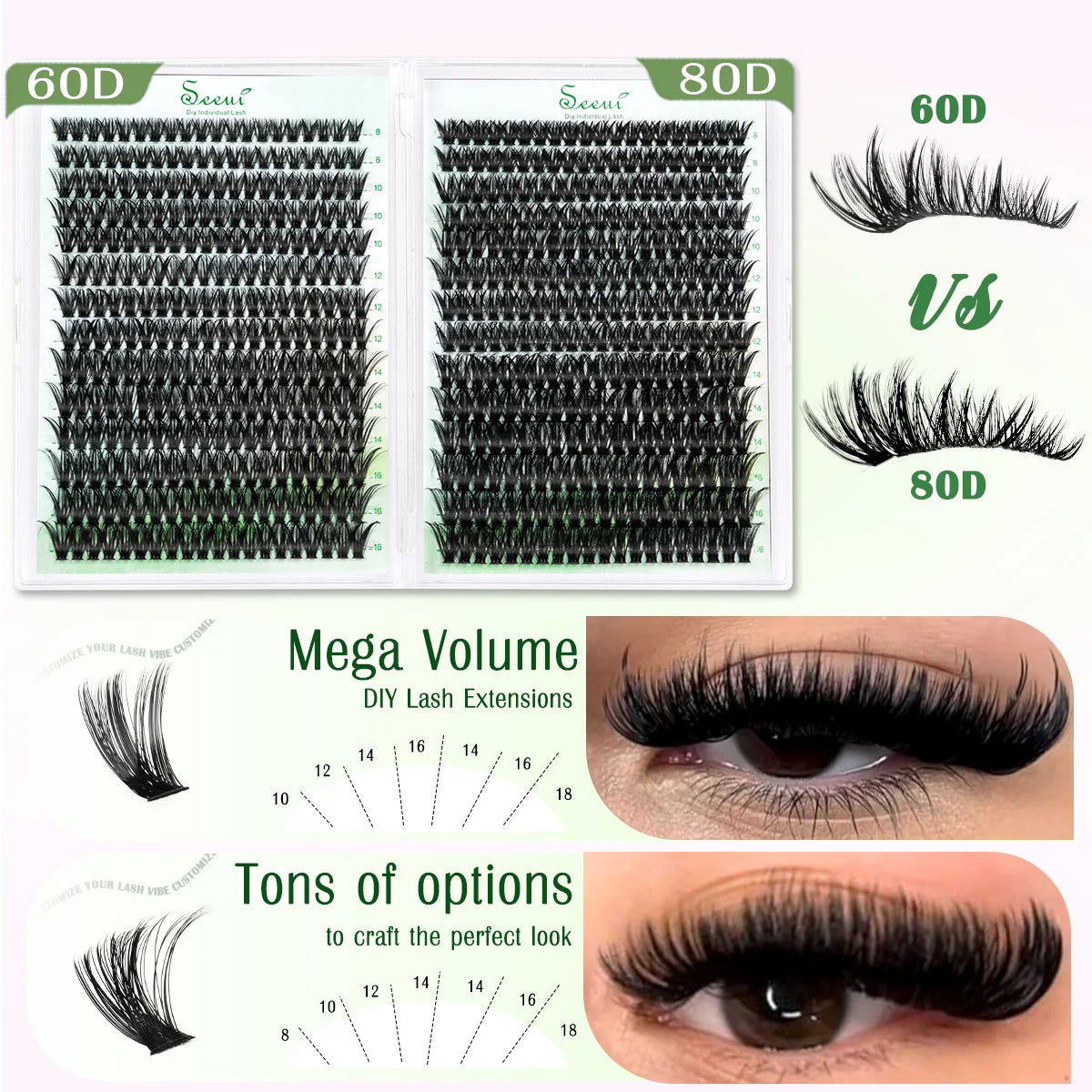Comparison of 60D and 80D eyelash extensions kits showing lash density and volume options