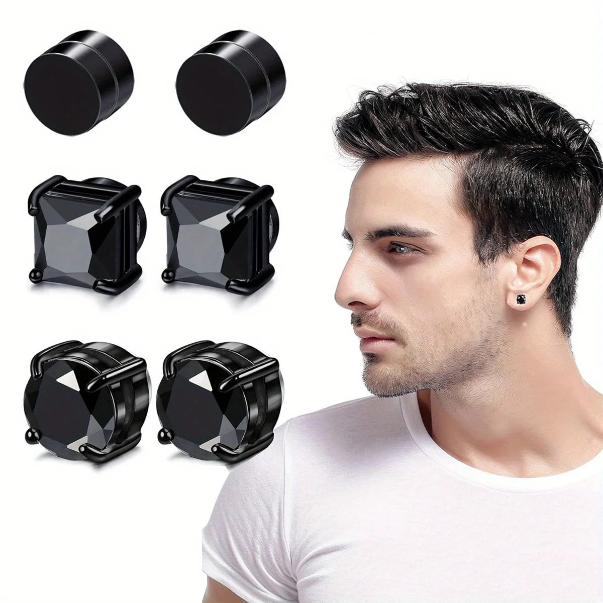 Black crystal magnetic stud earrings for men shown in various angles and on a model's ear.