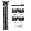 A set of cordless electric hair trimmer attachments and a charging cable for grooming.