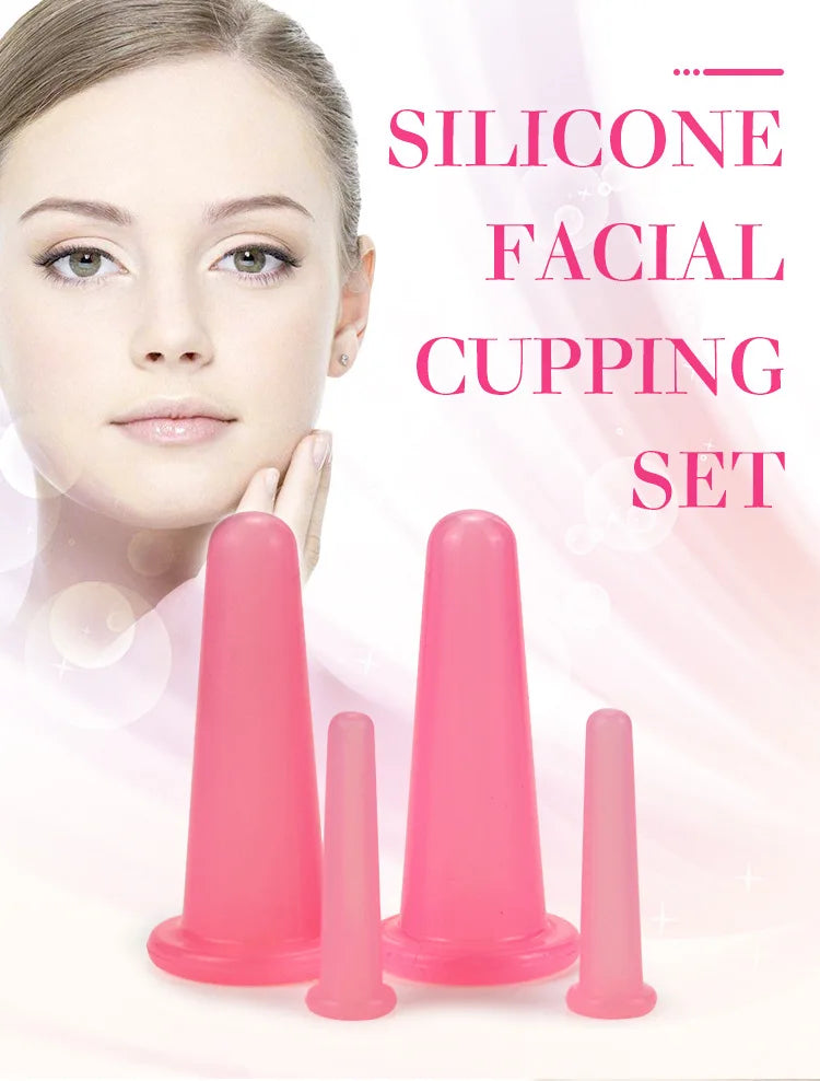 A set of pink silicone facial cupping cups displayed next to a woman's face.