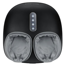 Black shiatsu foot massager with heat roller featuring two padded foot cups and a control panel