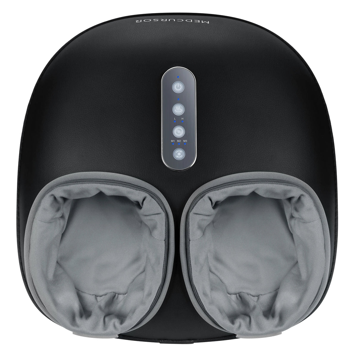 Black shiatsu foot massager with heat roller featuring two padded foot cups and a control panel