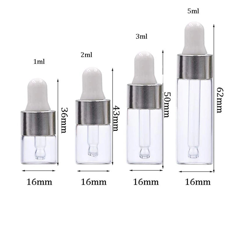 A set of five glass dropper bottles with graduated markings and silver caps, showing various volumes from 1ml to 5ml.
