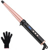 A professional ceramic curling wand with a rose gold barrel and black handle is shown next to a black glove.