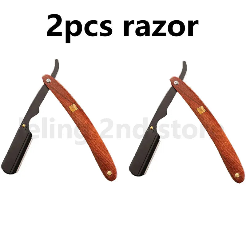 Two pieces of a razor with wooden handles shown side by side.