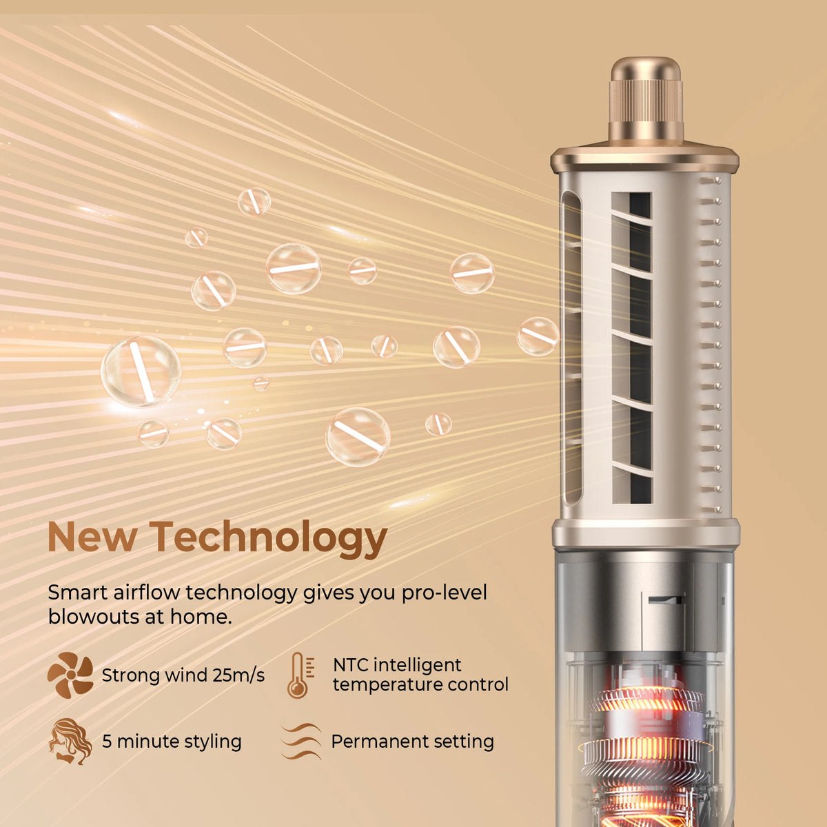 Silber-Haartrocknerbürste mit Glaszylinder und Heizelement, demonstriert neue Technologie für Profi-Blowouts.