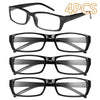 Un set de quatre lunettes de lecture noires multi-lentilles avec protection anti-lumière bleue.