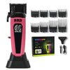A pink cordless brushless clipper and multiple blade attachments for hair trimming.