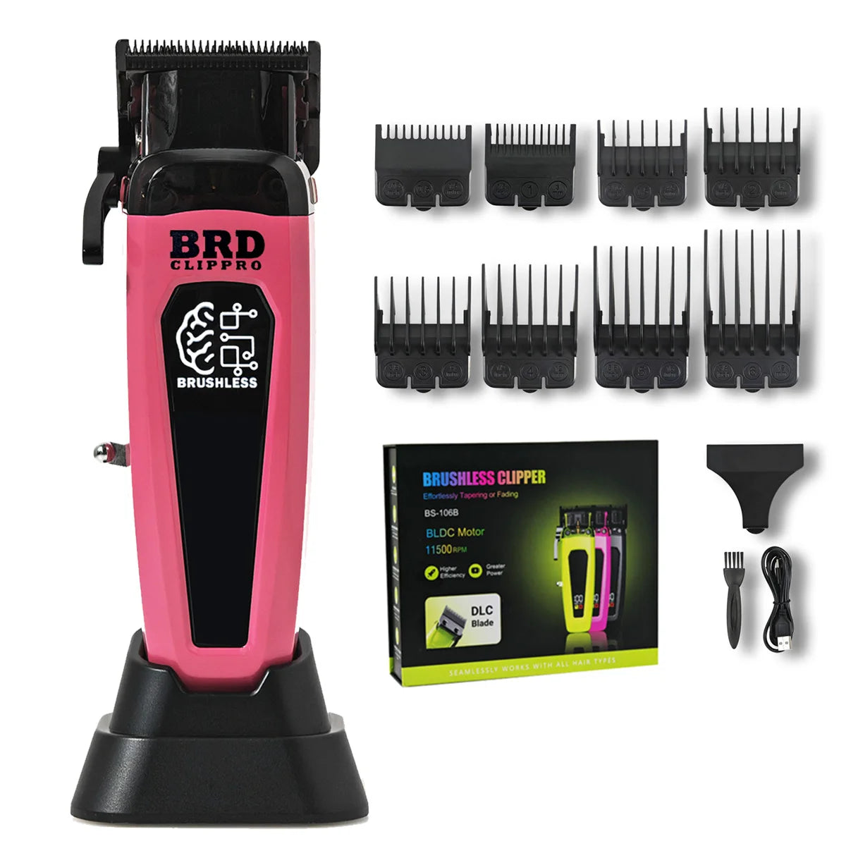 A pink cordless brushless clipper and multiple blade attachments for hair trimming.