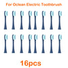 A set of sixteen replacement brush heads for an Ocean electric toothbrush, shown in various colors and shapes.