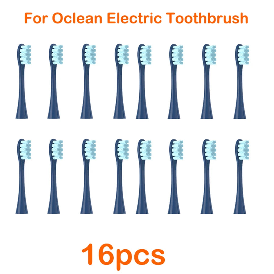 A set of sixteen replacement brush heads for an Ocean electric toothbrush, shown in various colors and shapes.