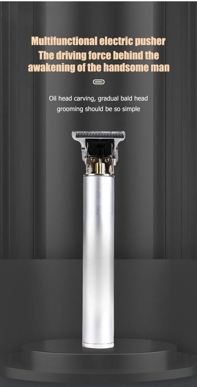 A silver electric hair clipper with a guard is displayed vertically on a dark surface.