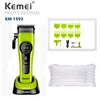 A lime green Kemei KM-1593 professional electric hair clipper with a black base and accessories.