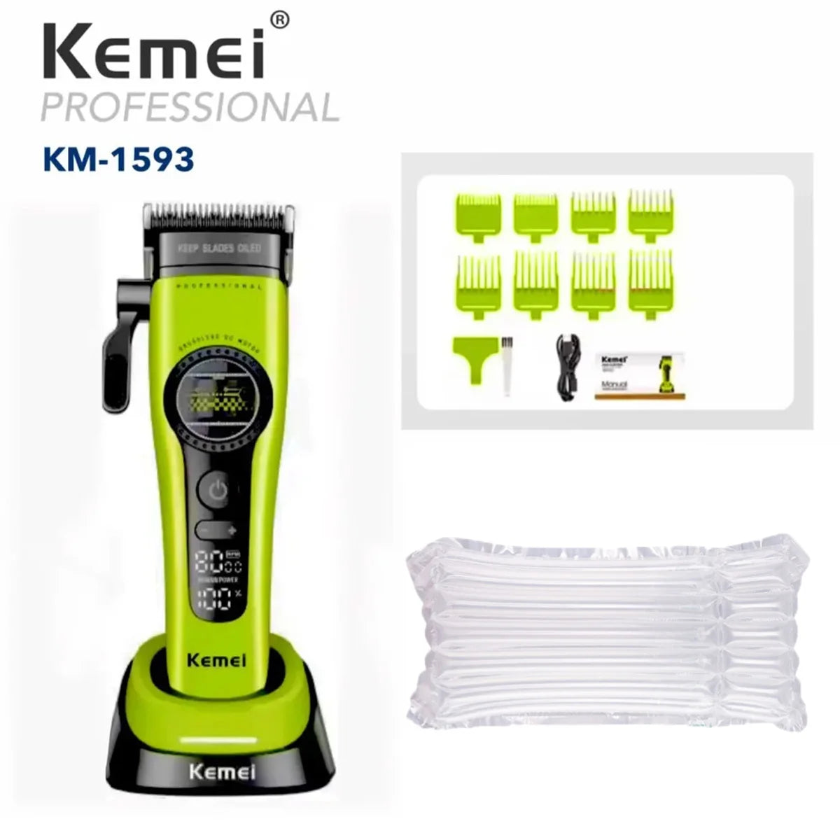 A lime green Kemei KM-1593 professional electric hair clipper with a black base and accessories.