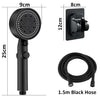 A black high-pressure handheld shower head and 1.5m black hose shown with dimensions.