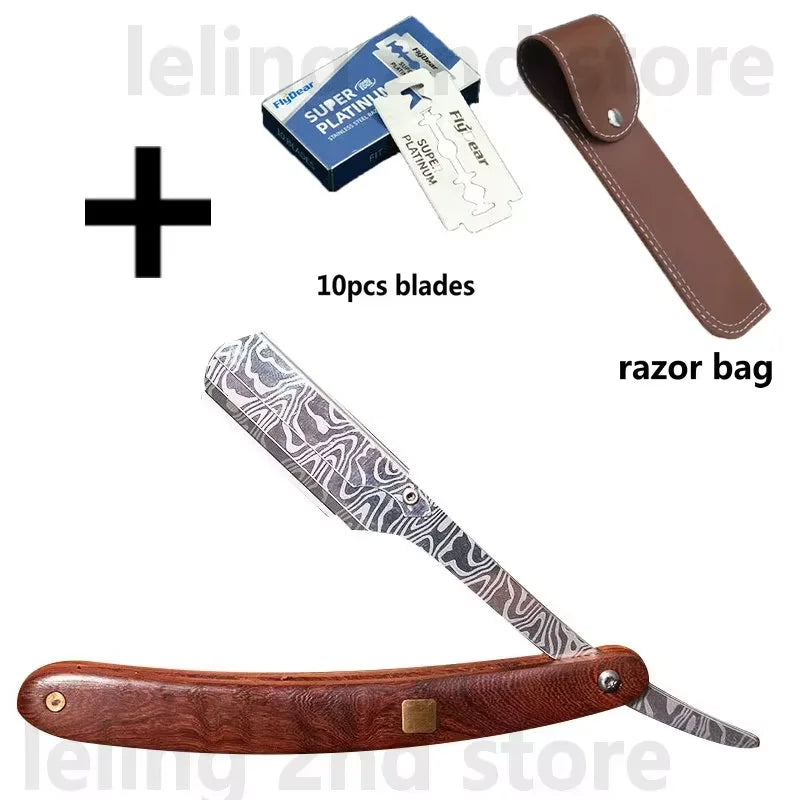 A set of professional wood handle shaving razors, including blades and a leather razor bag.
