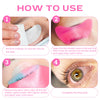 Instructions for using reusable silicone lash lift shield eye pads, showing steps to remove makeup and apply lotion.