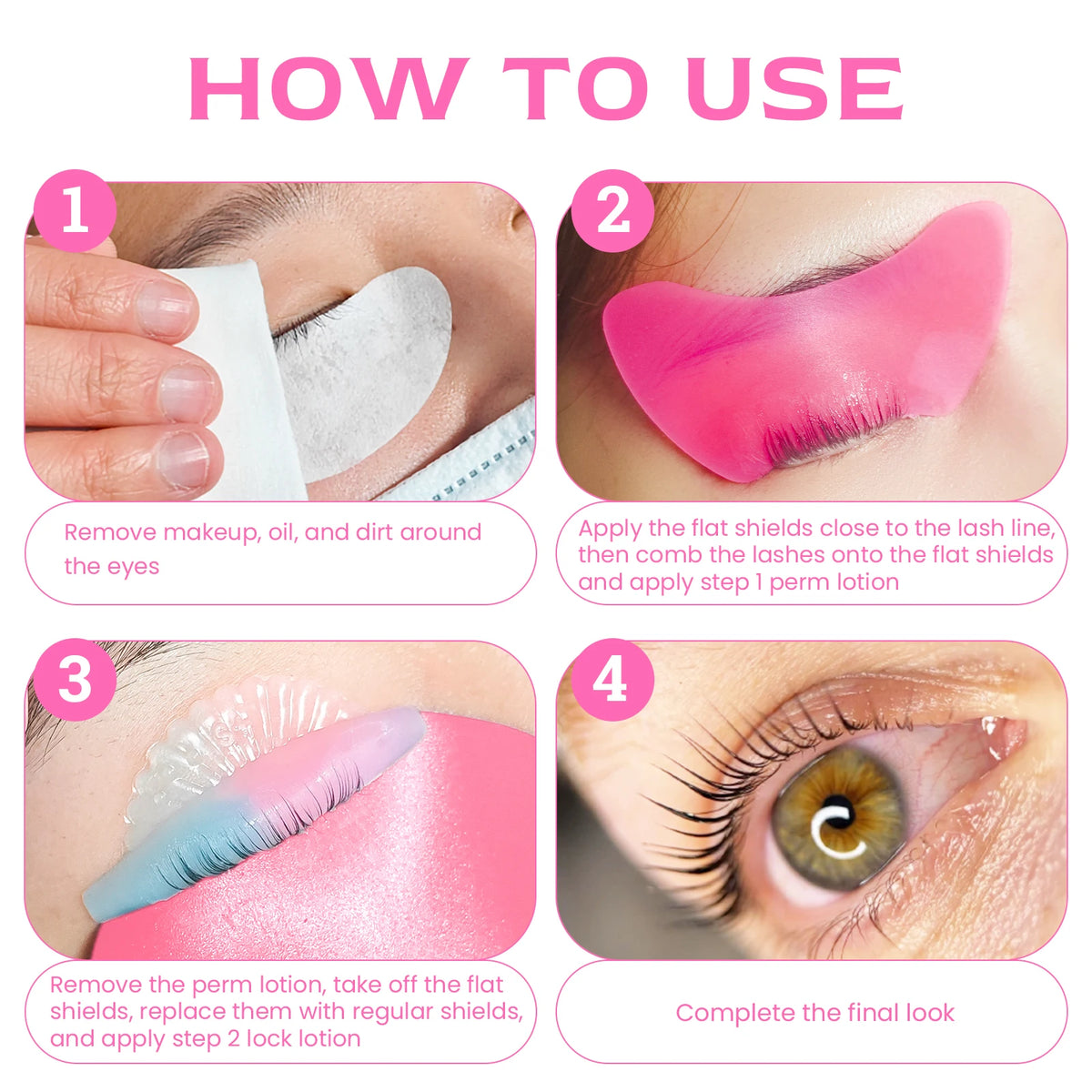 Instructions for using reusable silicone lash lift shield eye pads, showing steps to remove makeup and apply lotion.