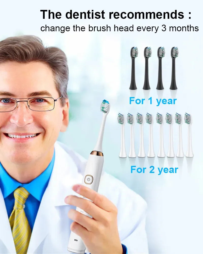 Un dentista recomienda cambiar la cabeza de la cepilla cada 3 meses, mostrando una cepillo eléctrico sónico.