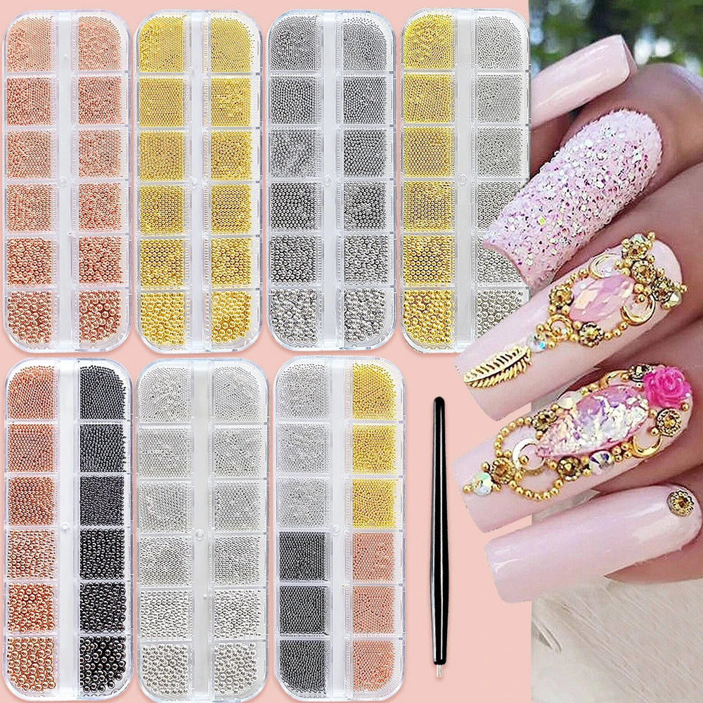 A collection of gold mixed stainless steel bead nail art decorations displayed on various clear acrylic plates and applied to