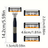A black classic multi-blade safety razor with orange accents shown alongside its disassembled blades and dimensions.