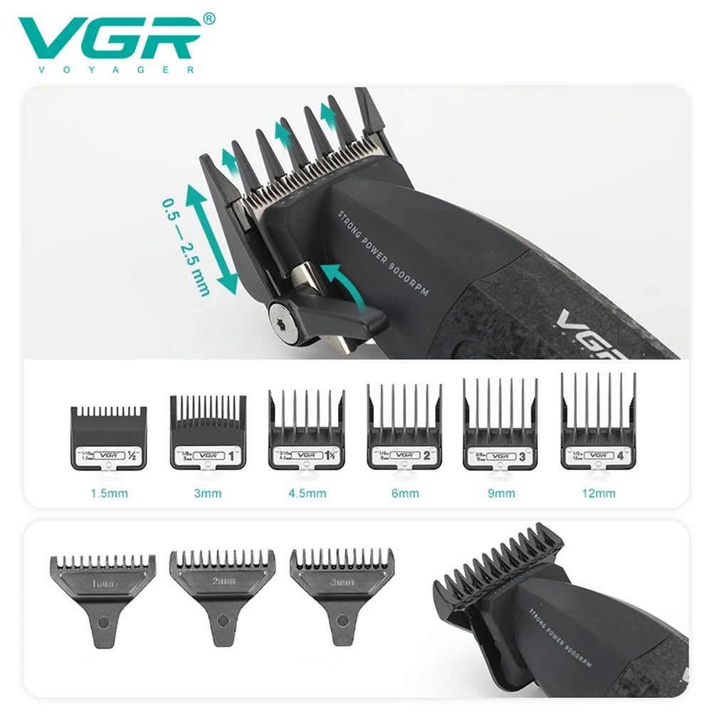 Set von VGR Voyager Haarschneidemaschinen in verschiedenen Größen und ein professioneller Hochgeschwindigkeits-Haarschneider.