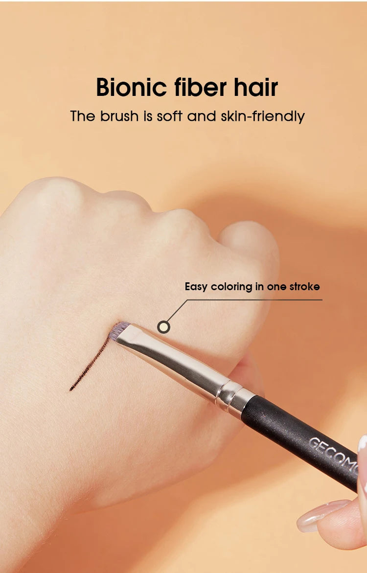 A hand holds a precision makeup brush set for eyes and brows, demonstrating easy coloring in one stroke.