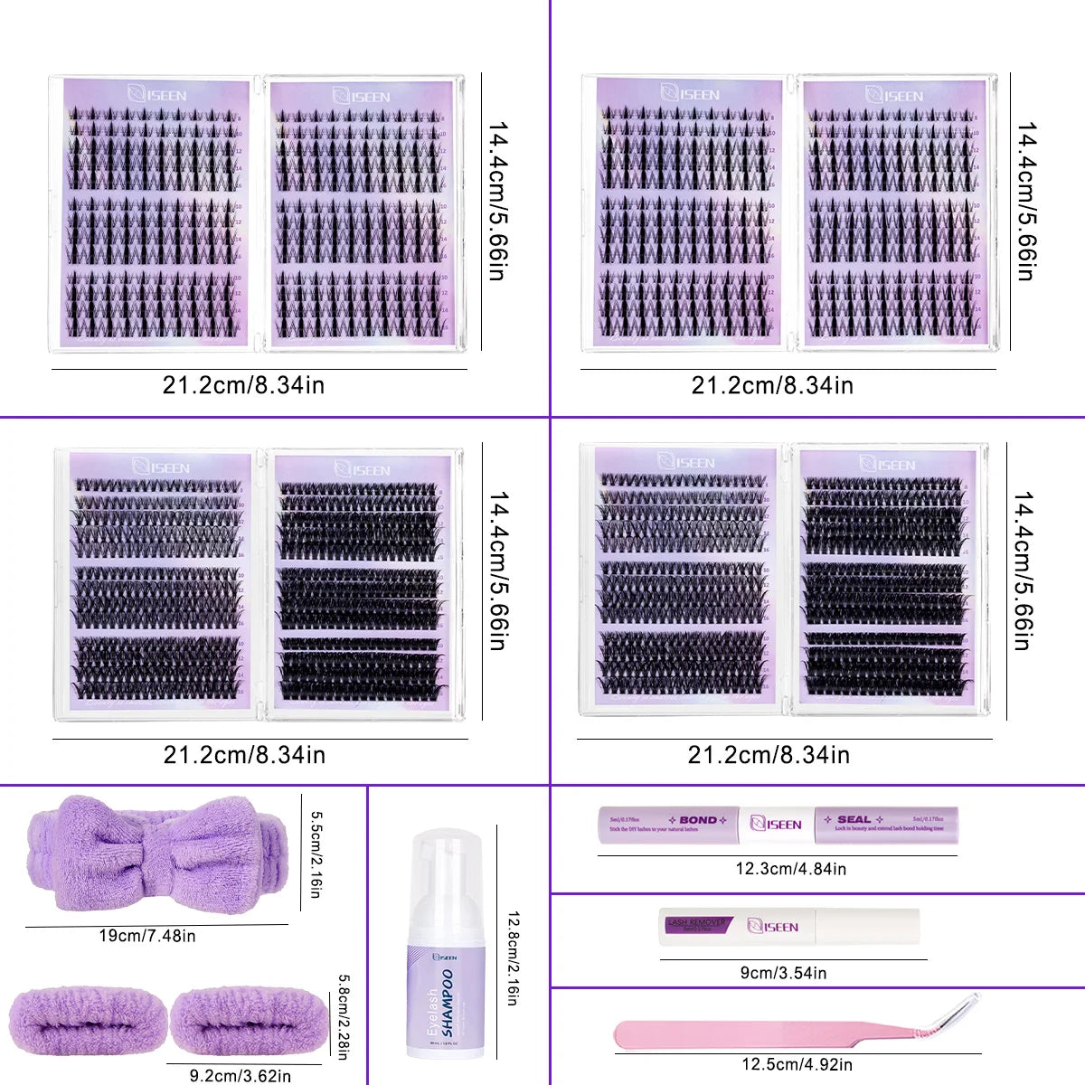 DIY eyelash clusters in various sizes and colors displayed next to a bow and cosmetic tools.