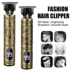 A set of gold-colored fashion hair clippers with various guards and heads for beard grooming.