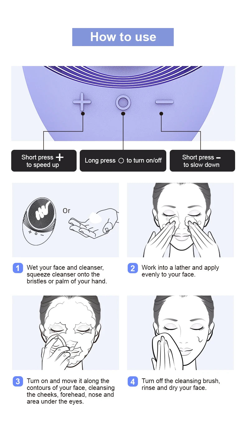 Instructions for using a silicone facial cleansing brush, showing how to press to speed up or slow down the cleaning motion.