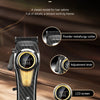 A professional electric hair clipper with a black and gold finish, showing detailed components like the cutter, adjustment le