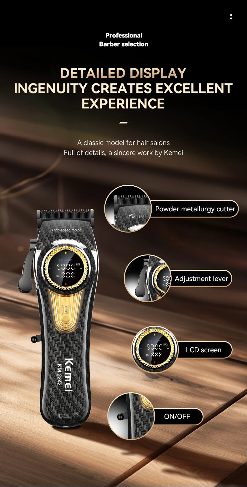 A professional electric hair clipper with a black and gold finish, showing detailed components like the cutter, adjustment le