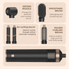 A collection of hair styling tools including a drying nozzle, smoothing brush, air curling barrel, and round curling brush.