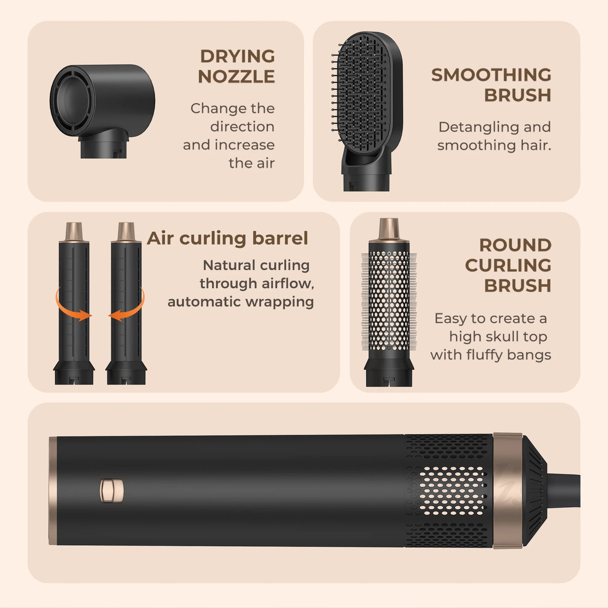 A collection of hair styling tools including a drying nozzle, smoothing brush, air curling barrel, and round curling brush.