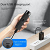 A hand holds a black dual USB charging port device with a Type-C/Android interface for dual interface charging.