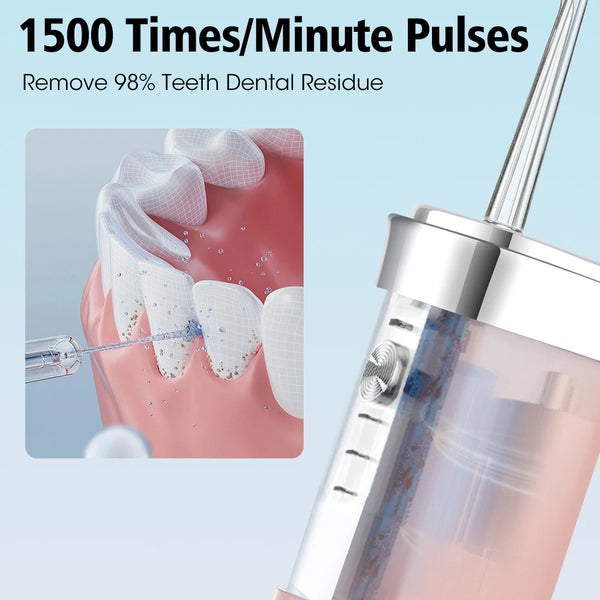 A close-up of a portable oral irrigator device being used on a tooth, demonstrating its function for removing dental residue.