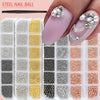 A hand holds a nail ball and an acrylic case filled with various gold mixed stainless steel bead nail art decorations.